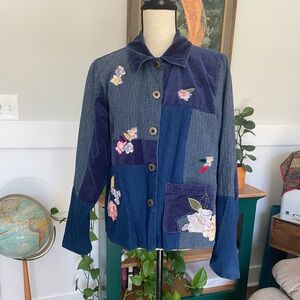 Vintage Koret City Blues Flower Appliqué Mixed Fabric Jacket Large Patchwork